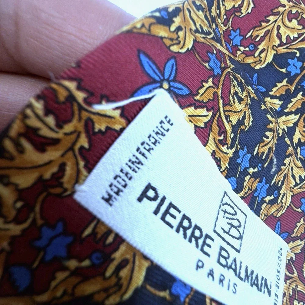 Pierre Balmain Paris Silk Tie Ornate Floral Pattern Gold Navy Burgundy